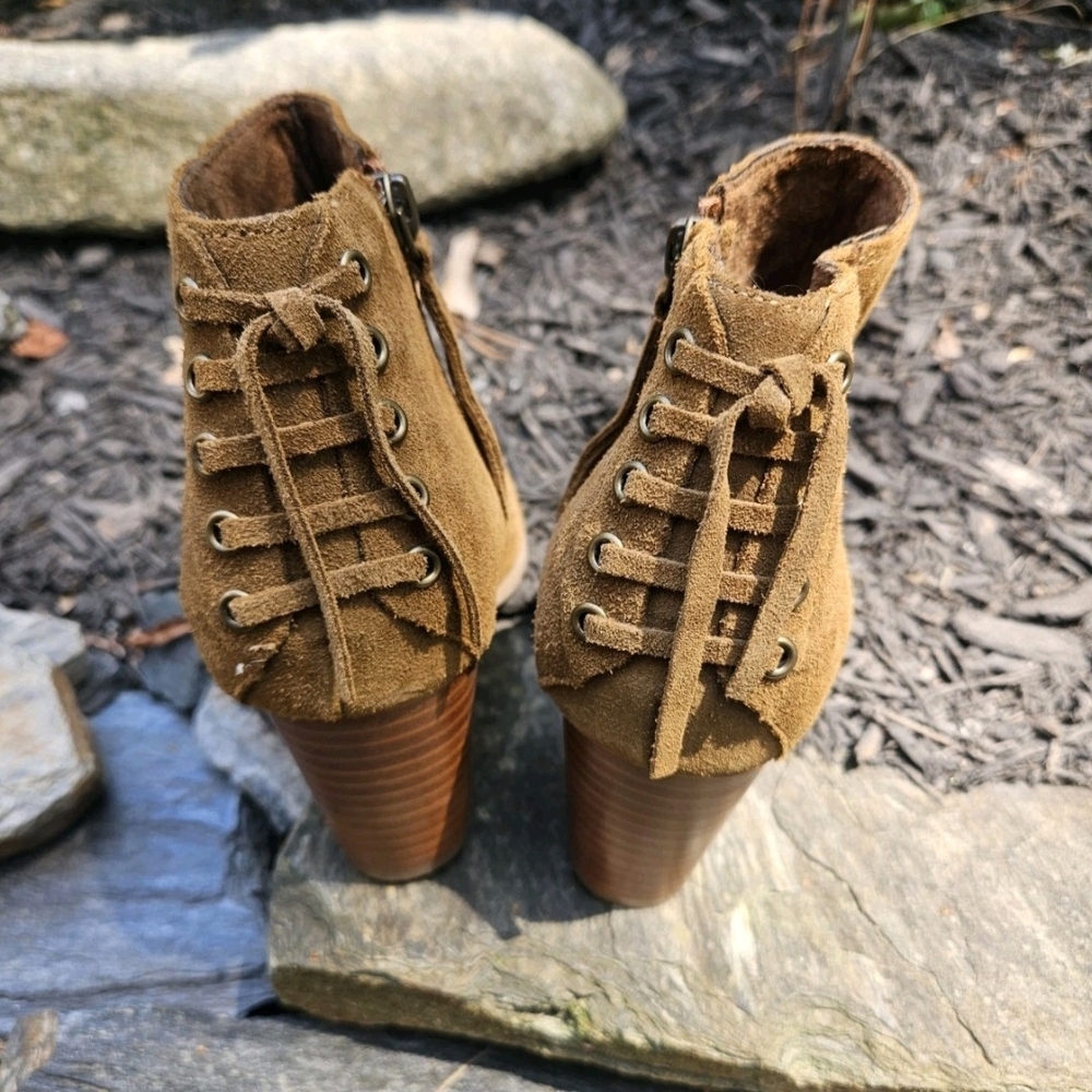 Minnetonka Brown Melissa Suede Peep Toe Mocassin Ankle Boots, Size 8 - Picture 3 of 8